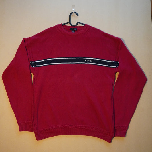 Nautica Red Striped Textured Crewneck Sweater